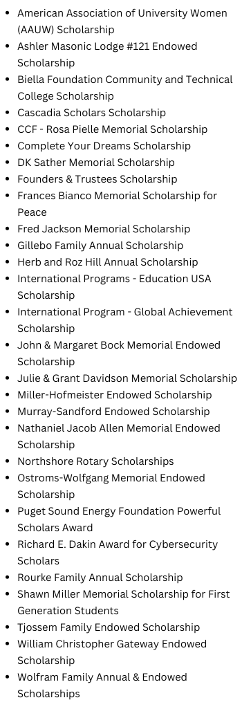 American Association of University Women (AAUW) Scholarship Ashler Masonic Lodge #121 Endowed Scholarship Biella Foundation Community and Technical College Scholarship  Cascadia Scholars Scholarship CCF - Rosa Pielle Memorial Scholarship Complete Your Dreams Scholarship DK Sather Memorial Scholarship Founders & Trustees Scholarship Frances Bianco Memorial Scholarship for Peace Fred Jackson Memorial Scholarship Gillebo Family Annual Scholarship Herb and Roz Hill Annual Scholarship International Programs - Education USA Scholarship International Program - Global Achievement Scholarship John & Margaret Bock Memorial Endowed Scholarship Julie & Grant Davidson Memorial Scholarship Miller-Hofmeister Endowed Scholarship Murray-Sandford Endowed Scholarship Nathaniel Jacob Allen Memorial Endowed Scholarship Northshore Rotary Scholarships Ostroms-Wolfgang Memorial Endowed Scholarship Puget Sound Energy Foundation Powerful Scholars Award Richard E. Dakin Award for Cybersecurity Scholars Rourke Family Annual Scholarship Shawn Miller Memorial Scholarship for First Generation Students Tjossem Family Endowed Scholarship William Christopher Gateway Endowed Scholarship Wolfram Family Annual & Endowed Scholarships